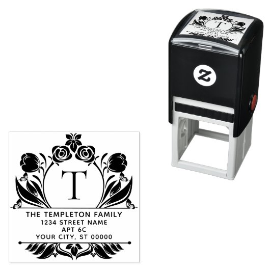 Tampon Auto-encreur Roses & Tulips Border Frame Name Initial Address (En situation)