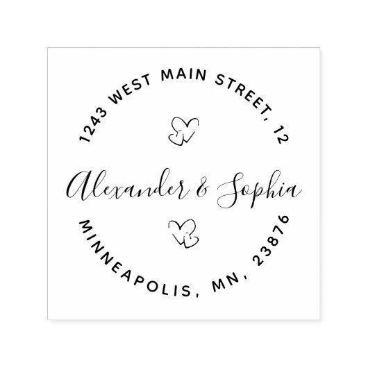 Tampon Auto-encreur Round Modern Double Heart Mariage Retour Adresse (Design)