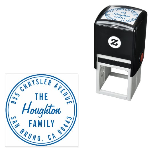 Tampon Auto-encreur Round Modern Script Nom de famille Adresse de reto (En situation)