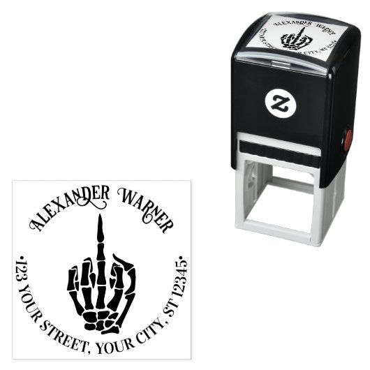 Tampon Auto-encreur Rude Skeleton Main Middle Finger Nom Adresse (En situation)