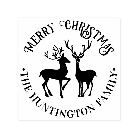 Tampon Auto-encreur Rustic 2 Cerf Joyeux Noël Salutation Nom de famill (Design)