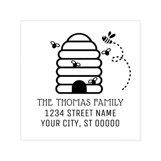 Tampon Auto-encreur Rustic Beehive and Flying Bees Name Address (Design)