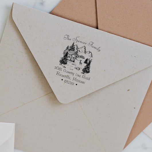 Tampon Auto-encreur Rustic Cabine Mountain Sketch Adresse de retour