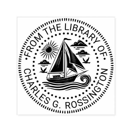 Tampon Auto-encreur Sailboat Ocean Scene Library Nom du livre (Design)