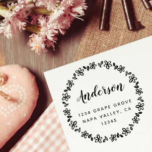 Tampon Auto-encreur Script de couronne florale Nom de famille Adresse 