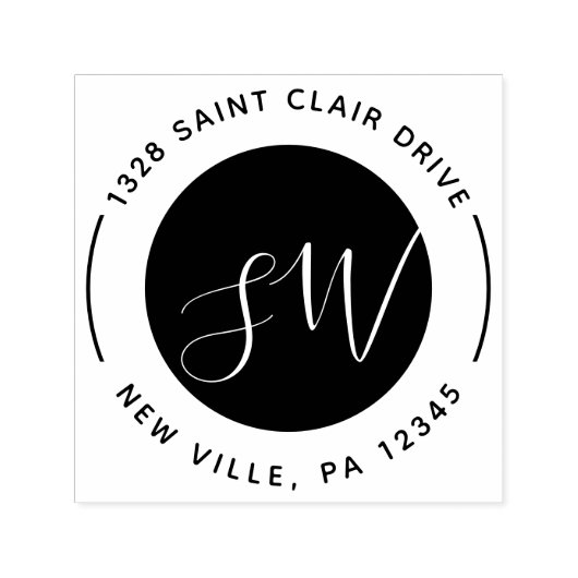 Tampon Auto-encreur Script de Monogramme rond noir moderne (Design)