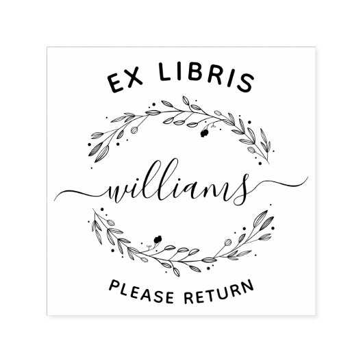 Tampon Auto-encreur Script Feuille rustique Nom de famille Ex Libris L (Design)