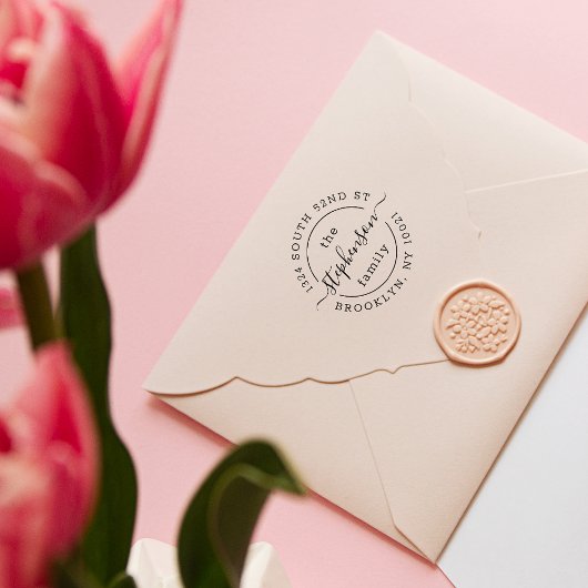 Tampon Auto-encreur Script moderne Nom de famille Ronde Adresse de ret