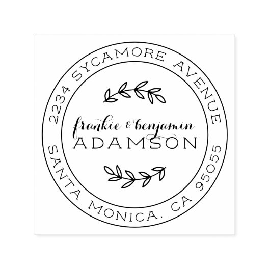 Tampon Auto-encreur Script rustique Round Marié Couple Adresse de reto (Design)