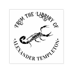 Tampon Auto-encreur Silhouette de scorpion rond Nom du livre de biblio