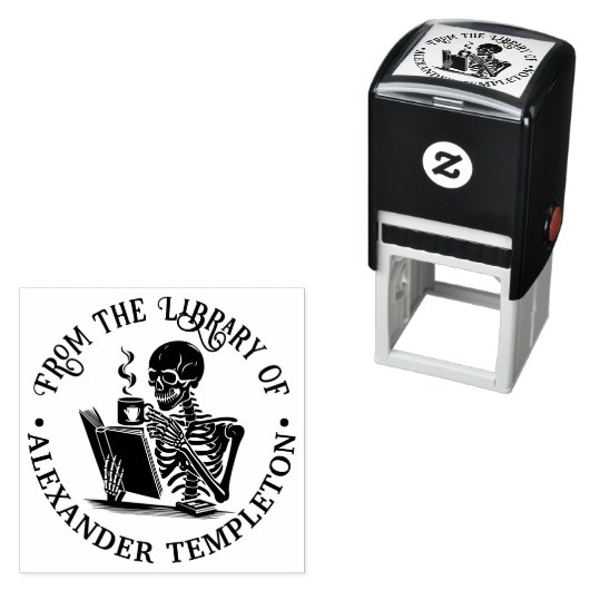 Tampon Auto-encreur Skeleton Boire Café Lecture Livre #2 Nom (En situation)