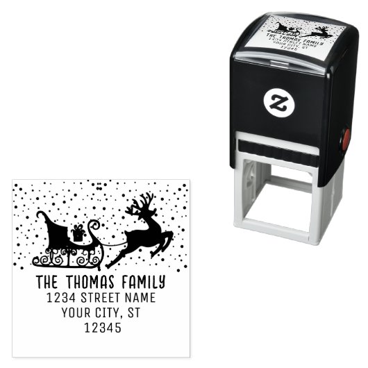 Tampon Auto-encreur Snowy Sleigh & Reindeer Noël Nom Adresse (En situation)