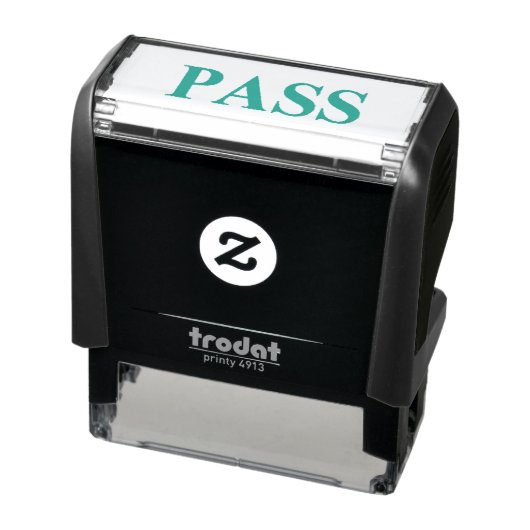 TAMPON AUTO-ENCREUR STAMP. TEXTE VERT, ARRIÈRE NOIRE. 'PASS' (Produit)