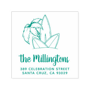 Tampon Auto-encreur Surboards & Palm Tree Family Name Return Adresse