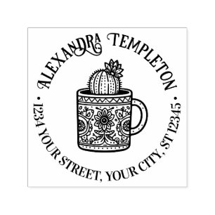 Tampon Auto-encreur Tasse de café Cactus Fleurissant #1P Nom Adresse d