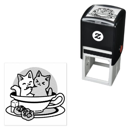 Tampon Auto-encreur Tea Time Meow Time - Cute Cat and Tea Design (En situation)