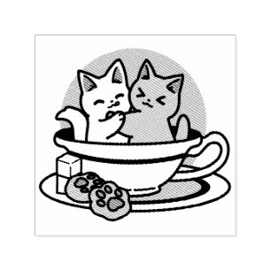 Tampon Auto-encreur Tea Time Meow Time - Cute Cat and Tea Design