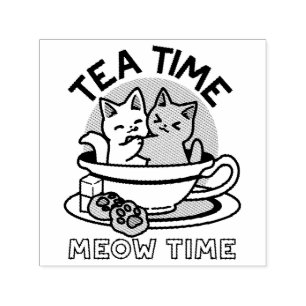 Tampon Auto-encreur Tea Time Meow Time - Cute Cat and Tea Design