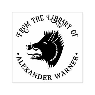 Tampon Auto-encreur Tête de sanglier rustique ronde nom de bibliothèqu