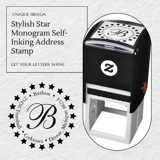 Tampon Auto-encreur Timbre d'adresse auto-encastrée Star Monogram élég