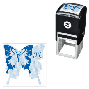 Tampon Auto-encreur Timbre en caoutchouc Monogramme de Papillon bleu à