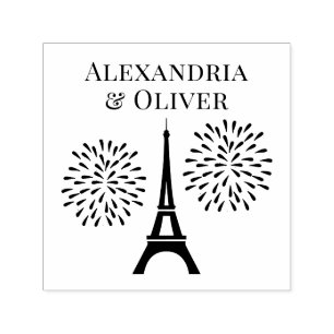 Tampon Auto-encreur Tour Eiffel Silhouette Feu d'artifice Couple Noms