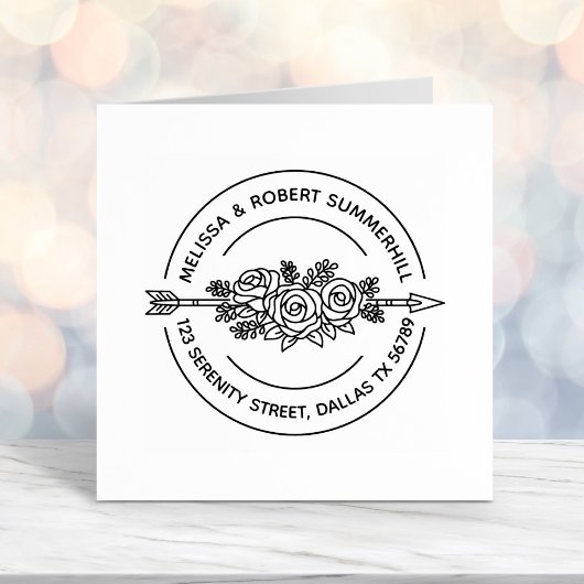 Tampon Auto-encreur Tribal Flèche Rose Fleurs Couple Round Adresse