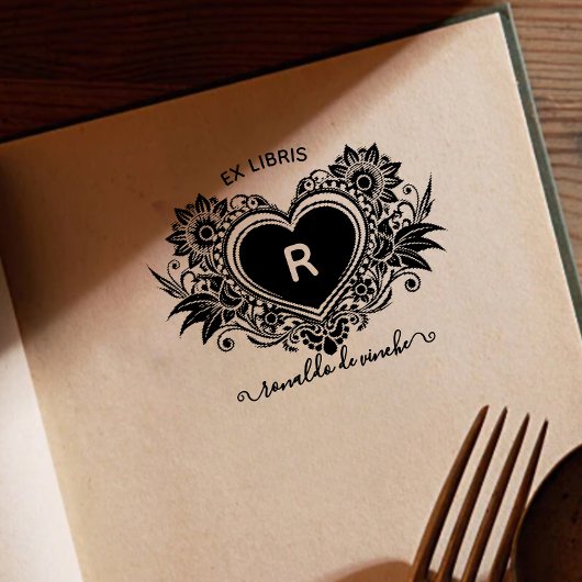Tampon Auto-encreur Vintage Floral Heart Monogram Ex libris