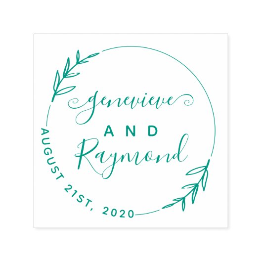 Tampon Auto-encreur Wreath à main et Mariage de script moderne Date (Design)