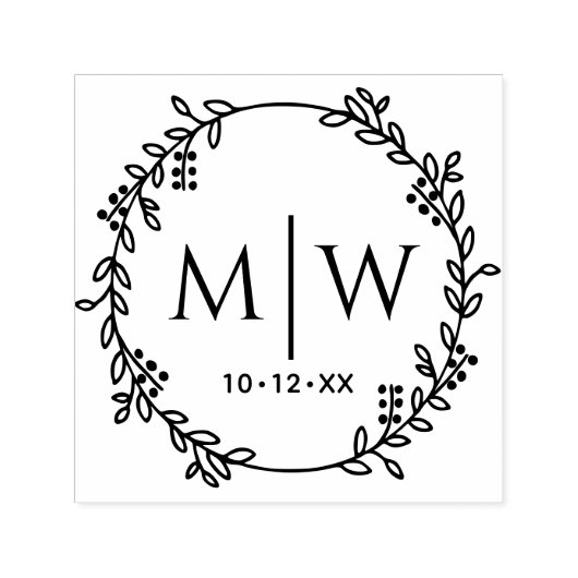 Tampon Auto-encreur Wreath botanique Deux premiers Mariages Monogramme (Design)