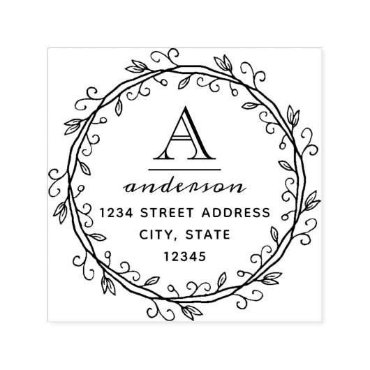 Tampon Auto-encreur Wreath Whimsical Custom Monogram Adresse de retour (Design)