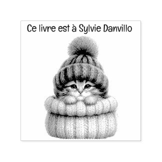 Tampon encreur en bois chat avec chapeau de laine.
