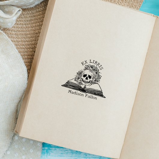 Tampon encreur Ex Libris crâne fleuri pour bibliot
