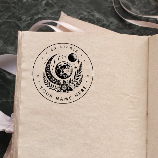 Tampon ex libris de lune florale ronde