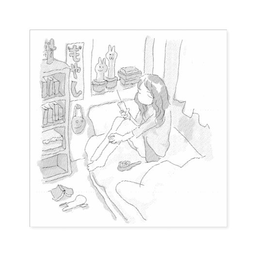 TAMPONS ENCREURS さにれれじ 水色の寝室でベッドに腰掛けてしょんぼりしている女性 (Impression)