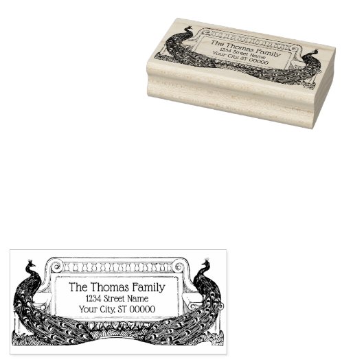 Tampons Encreurs 2 Peacocks encadrés Art Nouveau Nom Retour Adresse (Tamponné)