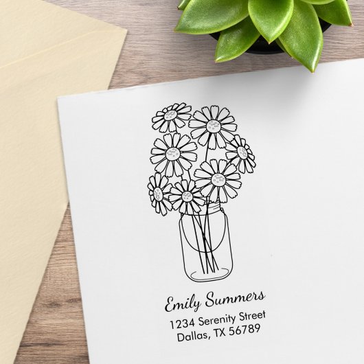 Tampons Encreurs Adresse Fleurs de Pâquerette dans un Pot Mason
