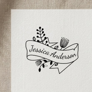 Tampons Encreurs Badge de ruban floral rustique avec nom personnali