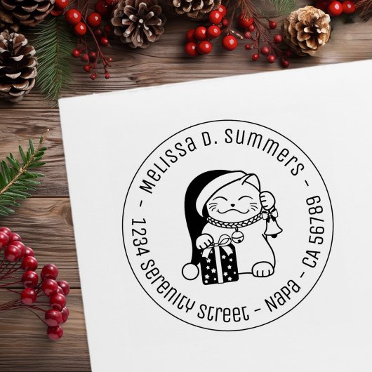 Tampons Encreurs Cat in Christmas Hat Round Address