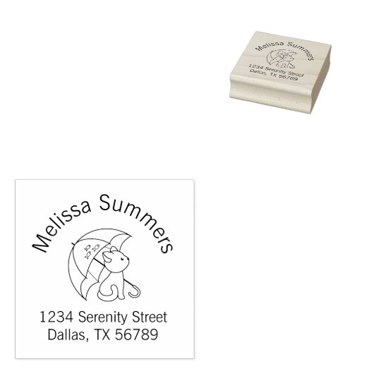 Tampons Encreurs Chat mignon sous parapluie Adresse Timbre en caout (Tamponné)