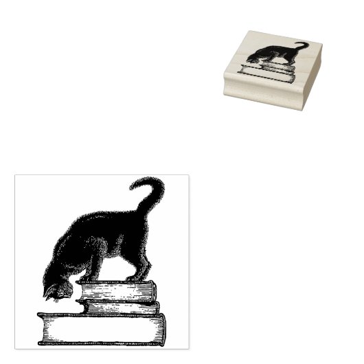 Tampons Encreurs Chat noir sur les livres Timbre en caoutchouc (Tamponné)