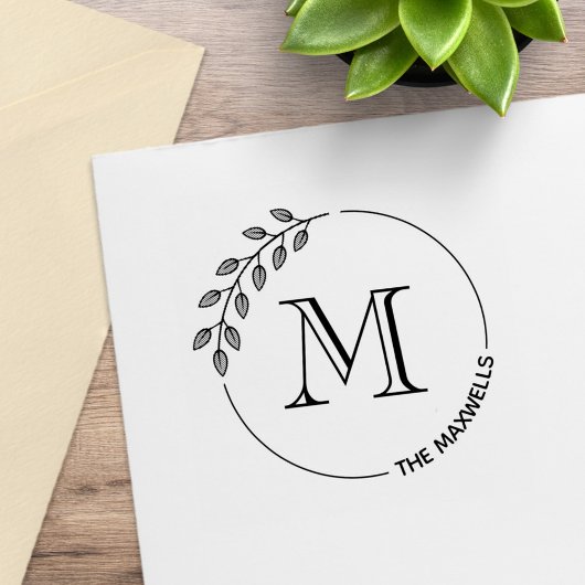 Tampons Encreurs Couronne de feuilles rondes Monogramme Initial Nom
