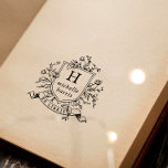Tampons Encreurs Dessin Ancien Monogramme Ex Libris Nom Livre<br><div class="desc">Conception de tampon en bois comportant un blason de style vintage avec votre monogramme personnalisé et votre nom dans une typographie serif classique. Le cadre orné est entouré d'un arrangement floral de roses et de feuilles botaniques. Sous le blason, il y a un rouleau ou une bannière de style ruban...</div>