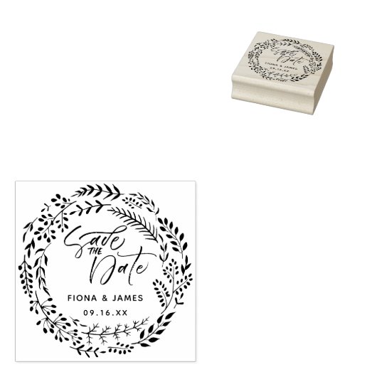 Tampons Encreurs Foliage Wreath Brush Script Enregistrer La Date (Tamponné)