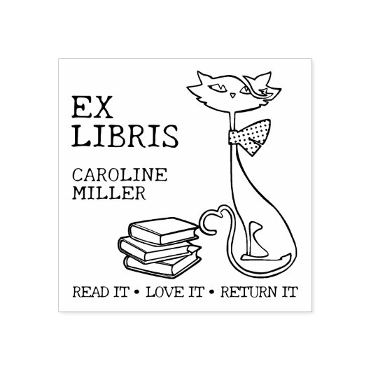 Tampons Encreurs Libris Ex personnalisés, Chat mignon avec livres (Impression)