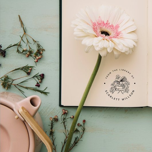 Tampons Encreurs Livres dessinés À La Main Fleurs Bibliothèque Pers