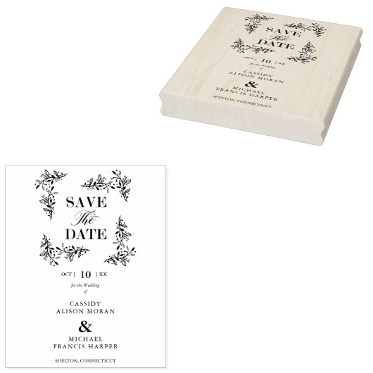 Tampons Encreurs Mariage moderne élégant Enregistrer Date Branches  (Tamponné)