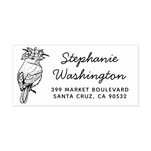 Tampons Encreurs Oiseau Aux Fleurs | Nom Script & Adresse de retour (Impression)