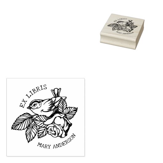 Tampons Encreurs Oiseau élégant avec livre de fleurs Ex Libris (Tamponné)