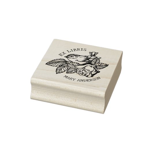Tampons Encreurs Oiseau élégant avec livre de fleurs Ex Libris (Tampon)